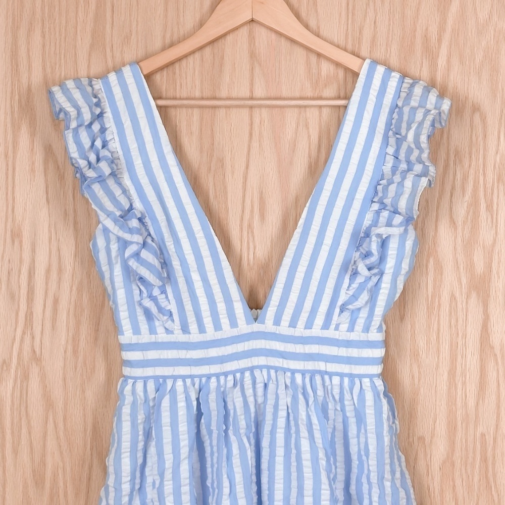 Pink Lily x Caitlin Covington Hamptons Deep V Striped Blue Midi Dress - Picture 3 of 10